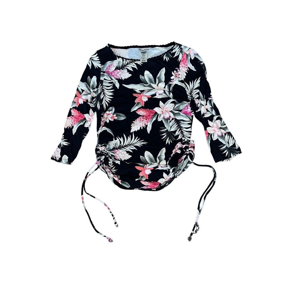 Tommy Bahama Tropical Floral Ruched Rash Guard Swim Top Black Medium